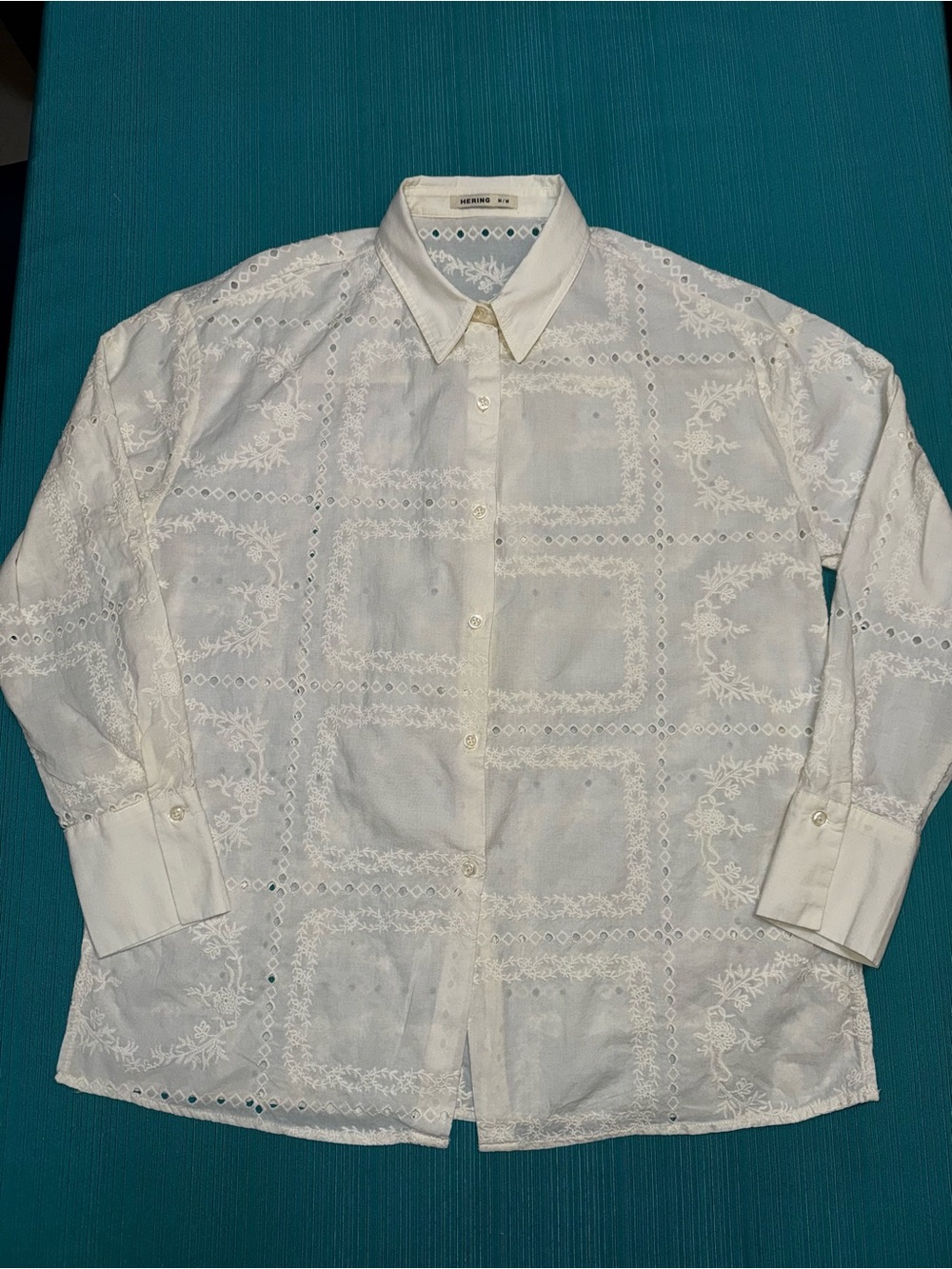 Hering Women’s M Ivory Embroidered Eyelet 100% Cotton Button Down Blouse